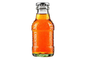 Amber Elixir in Glass: An ice-cold bottle glistens with condensation, holding a refreshing amber beverage. The perfect thirst quencher and summer refreshment.