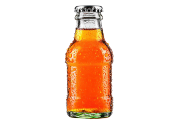 Amber Elixir in Glass: An ice-cold bottle glistens with condensation, holding a refreshing amber beverage. The perfect thirst quencher and summer refreshment.