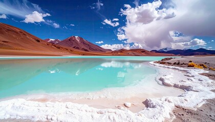 A stunning turquoise lake in a high-altitude desert landscape, bordered by white salt flats and arid mountains under a dramatic sky.