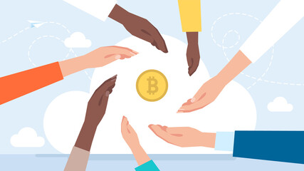 Hands with bitcoin. Cryptocurrencies investment visual concept. Businessman hands holding Cryptocurrencies. Successful Trader. Cryptocurrency exchange. Token production process. Flat illustration.