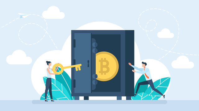 Cryptocurrency in safe. Private key to store cryptocurrency, Bitcoin, security password or safety protection for crypto currency concept. Businessman investor holding private key. Flat illustration