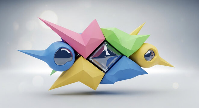Vibrant abstract geometric sculpture with colorful bird-like forms and a central reflective prism, perfect for modern branding and creative projects.