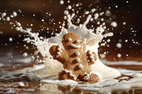 Gingerbread man cookie making a splash in a puddle of milk, a fun and festive christmas image