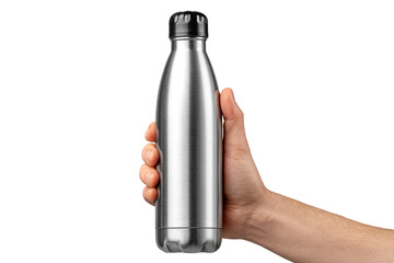 Stainless Steel water bottle: A hand gracefully holds a sleek, stainless steel water bottle, highlighting its modern design and emphasis on hydration and health.