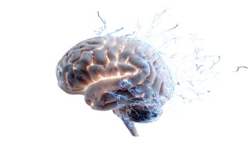 Brain's Brilliance: An illuminated, semi-transparent model of the human brain. Displaying active neurons, ideas and thoughts.