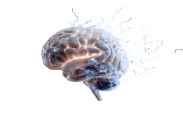 Brain's Brilliance: An illuminated, semi-transparent model of the human brain. Displaying active neurons, ideas and thoughts.