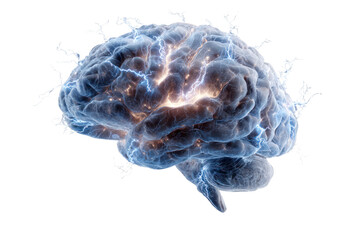 Illuminating Brain: A detailed and stylized illustration of a human brain with sparking energy, symbolizing thoughts and ideas. 