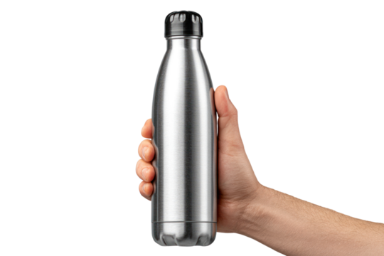 Stainless Steel water bottle: A hand gracefully holds a sleek, stainless steel water bottle, highlighting its modern design and emphasis on hydration and health.