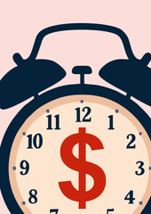 Businessman with Alarm Clock Head and Dollar Symbol, Time Is Money Concept Illustration, Financial Productivity, Deadline Pressure, Minimalist Vector Design