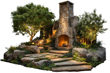 Stone Fireplace Oasis: A meticulously crafted stone fireplace stands as the centerpiece of an outdoor sanctuary, complete with meticulously placed landscaping and glowing ambient lighting.