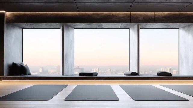 Modern interior with yoga mats and architectural design elements