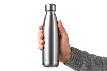 Hydration Companion: A person's hand firmly grips a sleek, insulated stainless steel water bottle, highlighting the commitment to well-being and sustainability.