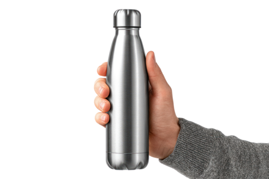 Hydration Companion: A person's hand firmly grips a sleek, insulated stainless steel water bottle, highlighting the commitment to well-being and sustainability.