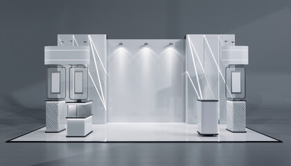 Modern exhibition booth design with sleek white accents and dynamic lighting, perfect for impactful trade show presentations and brand showcases.