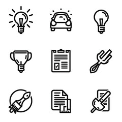Set of 9 icons representing ideas, cars, awards, documents, and tools