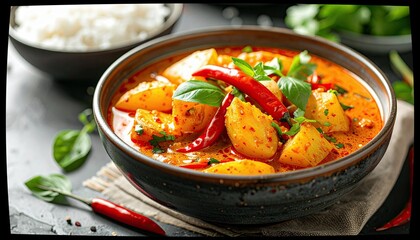 A close-up of a bowl of vibrant red curry with chunks of potato, garnished with fresh basil and red chili peppers, with a side of white rice.
