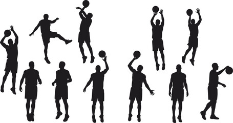Collection of Black Silhouettes of Basketball Players in Various Poses white background