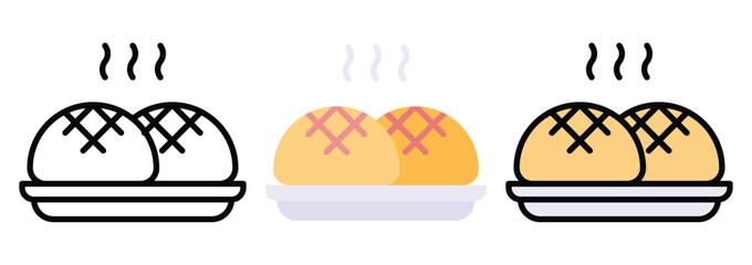 Bun Bread Icon Set in Outline, Color & Flat Style