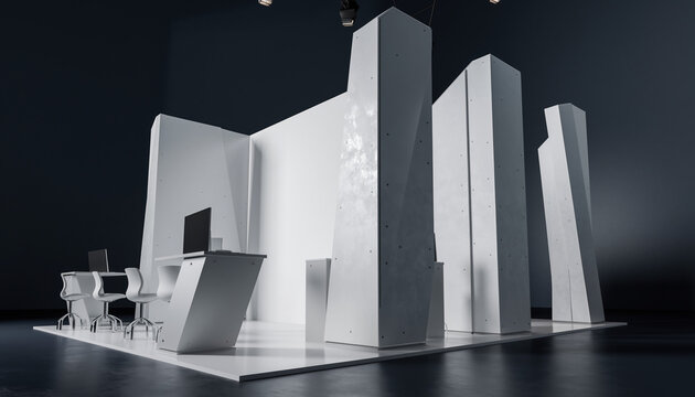 Modern exhibition booth design with minimalist white structure and sleek reception desk, perfect for corporate events and product launches