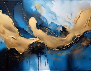 abstract art composition with thick textured blue and gold paint and black accents featuring layered and splattered paint creating a dynamic visual
