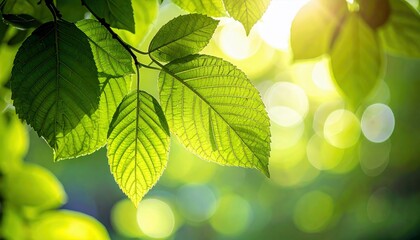 Close-up of lush green leaves with sunlight shining through, creating a soft bokeh effect in the background.