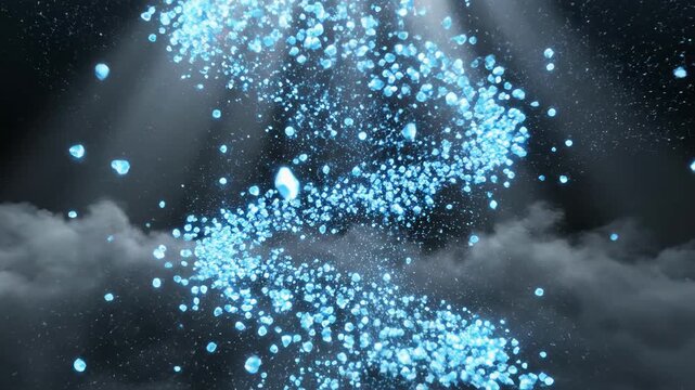 Glowing blue particles rise in a magical spiral. A stream of fantasy crystals ascends towards a divine light. Abstract celestial animation background