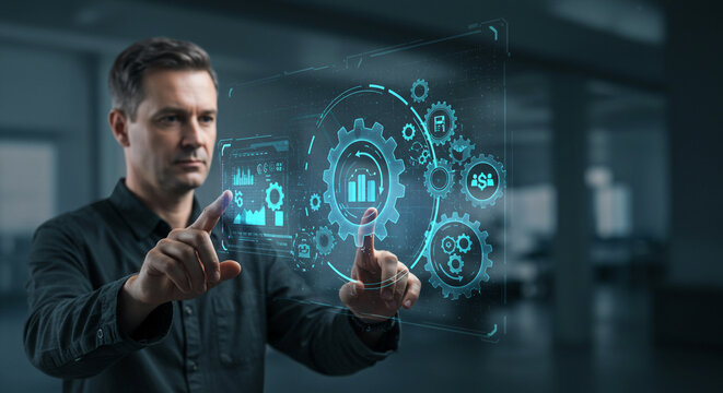 Visionary businessman interacts with futuristic digital interface, analyzing complex data and driving business growth with innovative technology