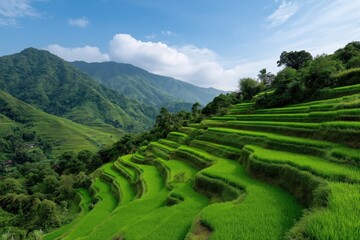Lush green rice terraces in mountainous landscape under clear blue sky