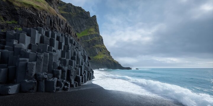 Dramatic coastal cliff with basalt columns by the ocean