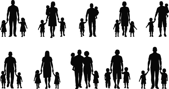 PrintDiverse family silhouettes walking together, symbolizing parenting, unity, childhood, family bonding, loving relationships, supportive parents, community connection, and everyday family lifestyle