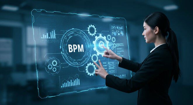 Dynamic businesswoman interacts with advanced BPM interface optimizing business processes and driving digital transformation with futuristic technology