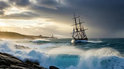 Majestic Tall Ship Navigating Stormy Seas with Crashing Waves and Dramatic Lighting - Powered by Adobe