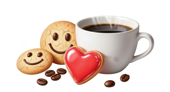Cup of coffee with cookies isolated on transparent background