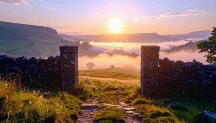A stone gateway opens to a breathtaking sunrise over a misty valley, with rolling hills and golden light illuminating the landscape.