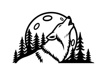 Howling wolf with moon and trees in black silhouette design
