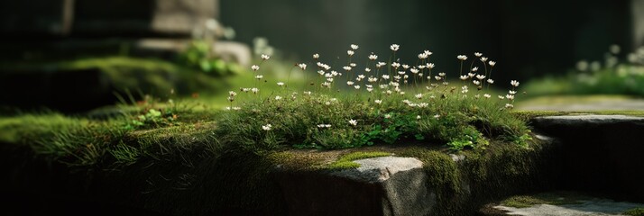 Peaceful meadow with wildflowers and mossy stones in sunlit forest clearing
