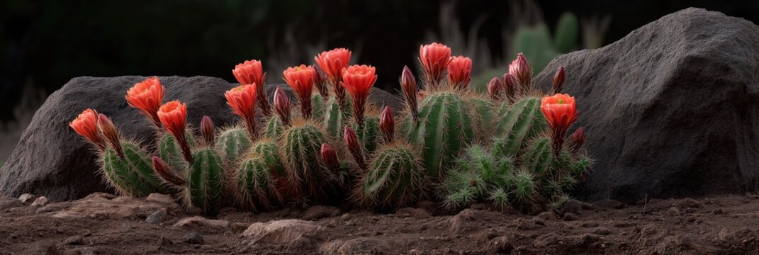 Blooming orange cacti with rocks in desert landscape scene