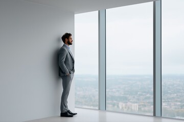 Young caucasian male in suit standing by window overlooking cityscape