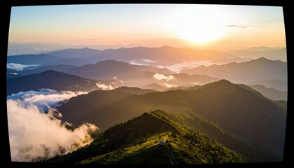 A breathtaking aerial view of a mountain range at sunrise, with the sun's rays piercing through clouds and casting a golden glow on the landscape.