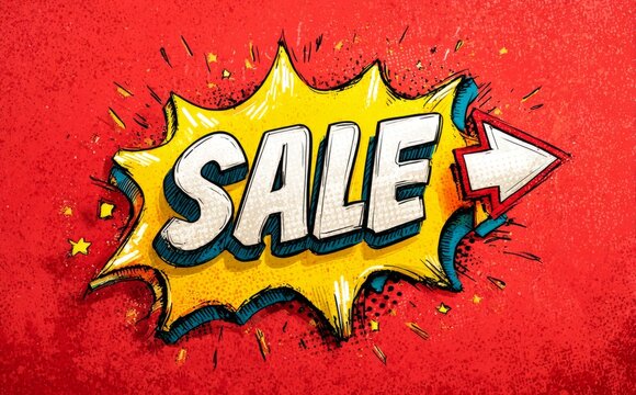 A cartoon drawing of a sale sign with a red background