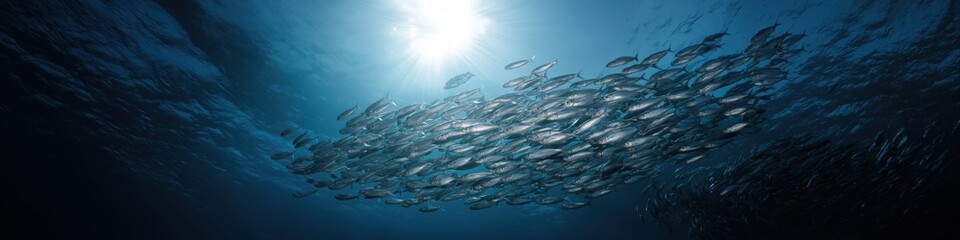 Underwater view of a large school of fish swimming beneath sunlight