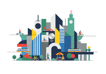 Vibrant urban landscape with cyclists and public transport in minimalist flat design