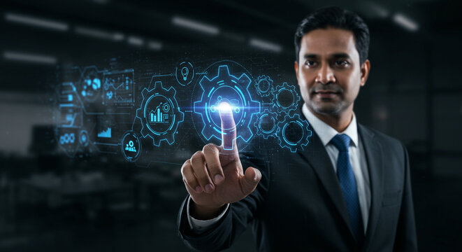 Confident businessman interacts with futuristic digital interface displaying growth charts and gears, symbolizing innovation and business success.