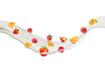 Milk Splash With Corn Flakes, Raspberries, Strawberries, and Blueberries