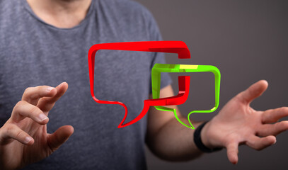 Visual depicting digital interaction with a man showing chat boxes. Depicts modern communication, and networking between people online.