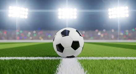 Naklejka premium Soccer ball on green grass field under bright stadium lights with blurry crowd in background for sport event