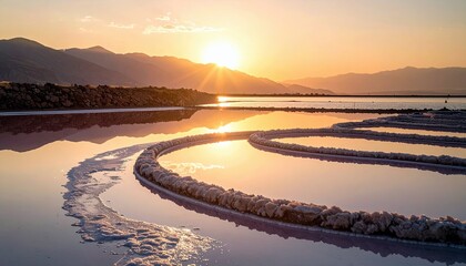 A serene sunrise casts a warm glow over salt flats, with mountains in the background and their reflections shimmering on the water.