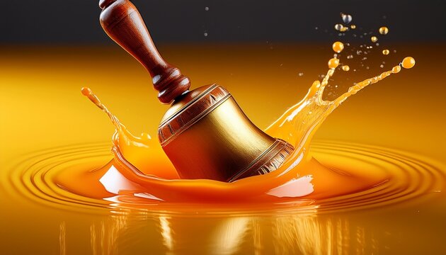 a yellow bell with a wooden handle submerged in splashing orange liquid