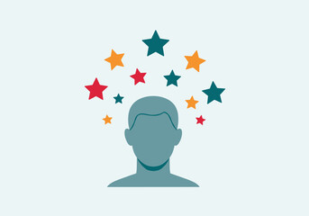 Creative mindset: abstract human silhouette with colorful stars symbolizing ideas and imagination