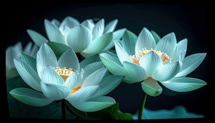 A close-up view of three white lotus flowers in bloom, set against a dark, moody background, showcasing their intricate petals and yellow centers.